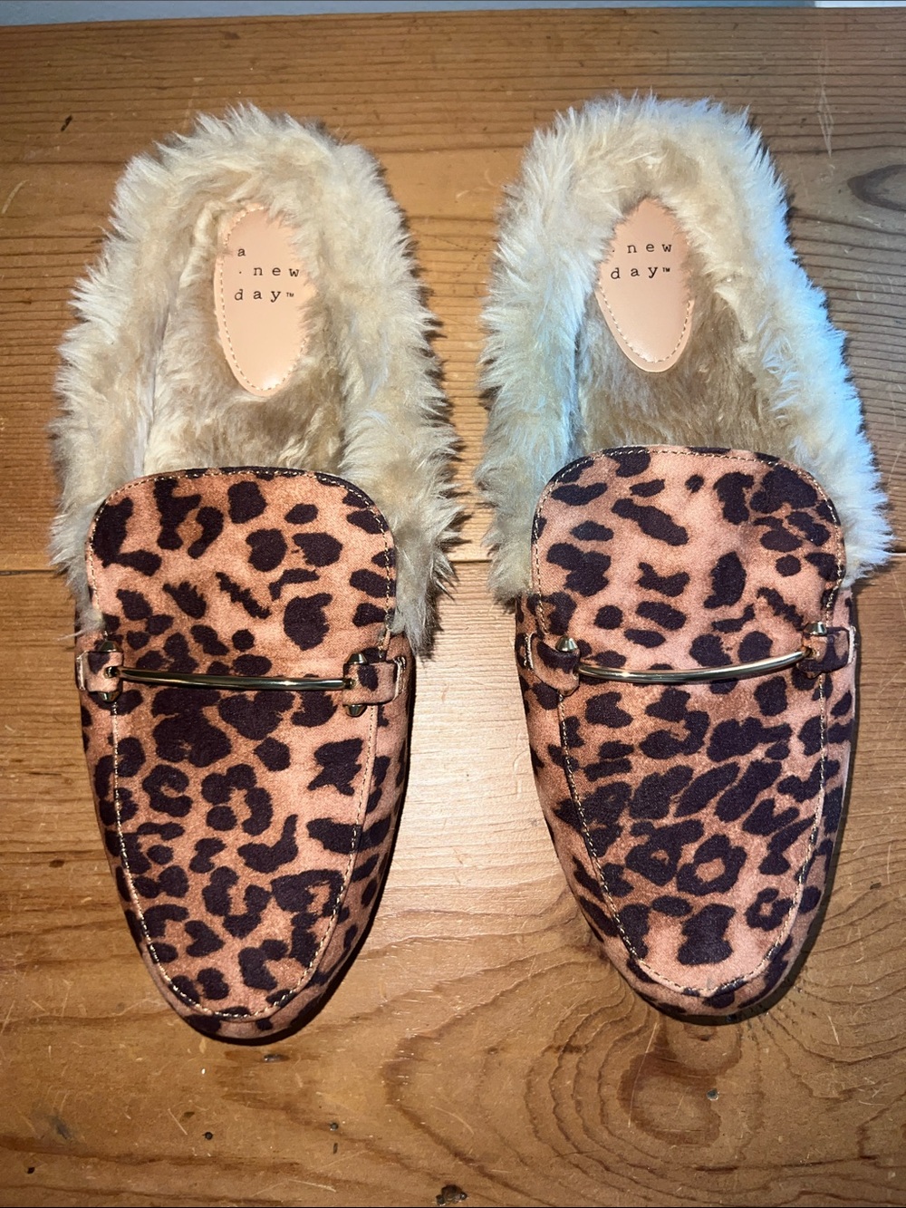 a new day Leopard Print Faux-Fur Lined Mules in Tan and Black Sz 9